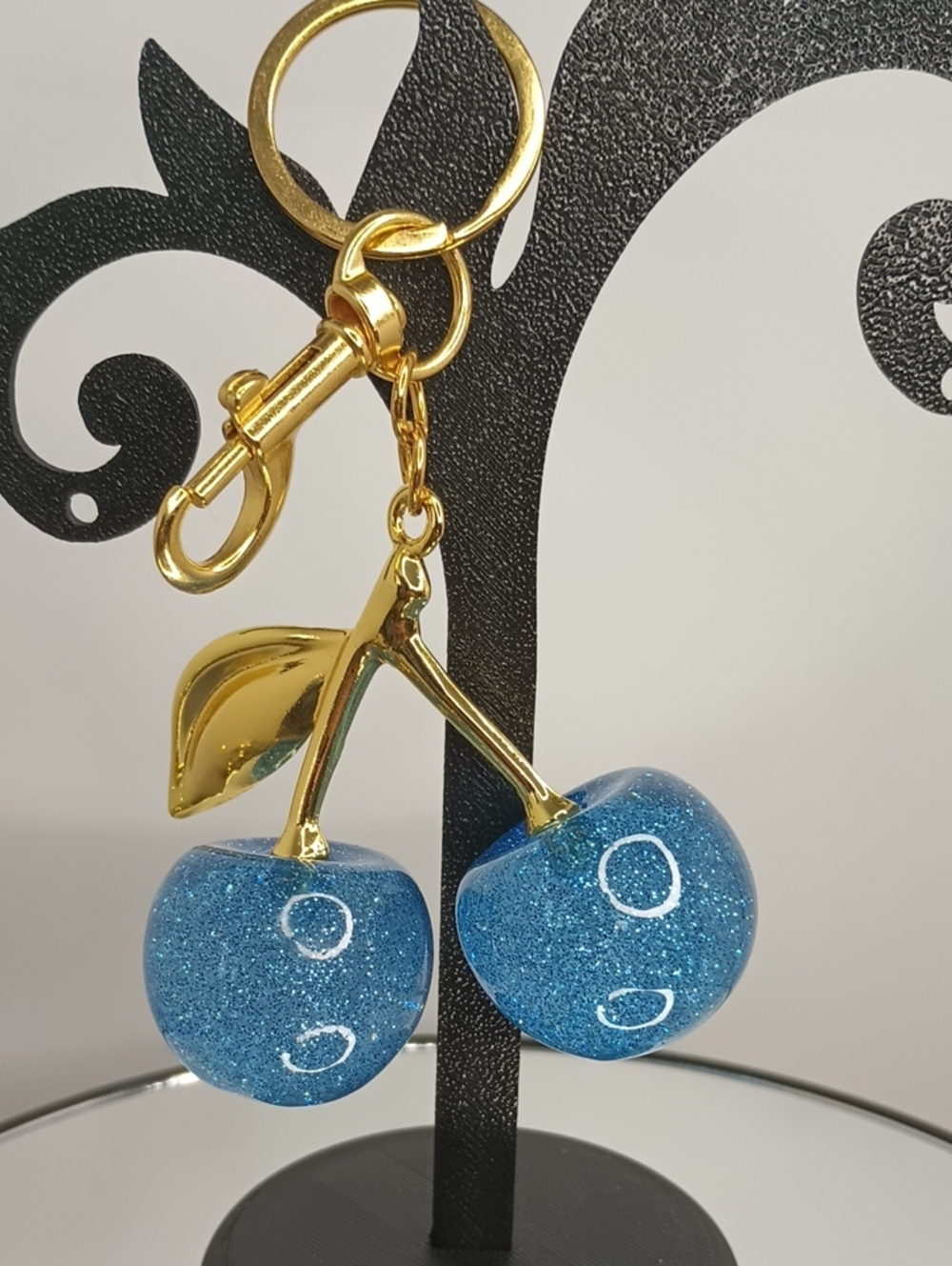 Blue Glitter Cherry Keychain with Gold Stem